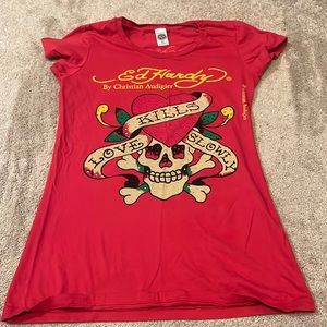 Ed Hardy by Christian Audglier Red Skull & Heart Tattoo Graphic Tee | Size M